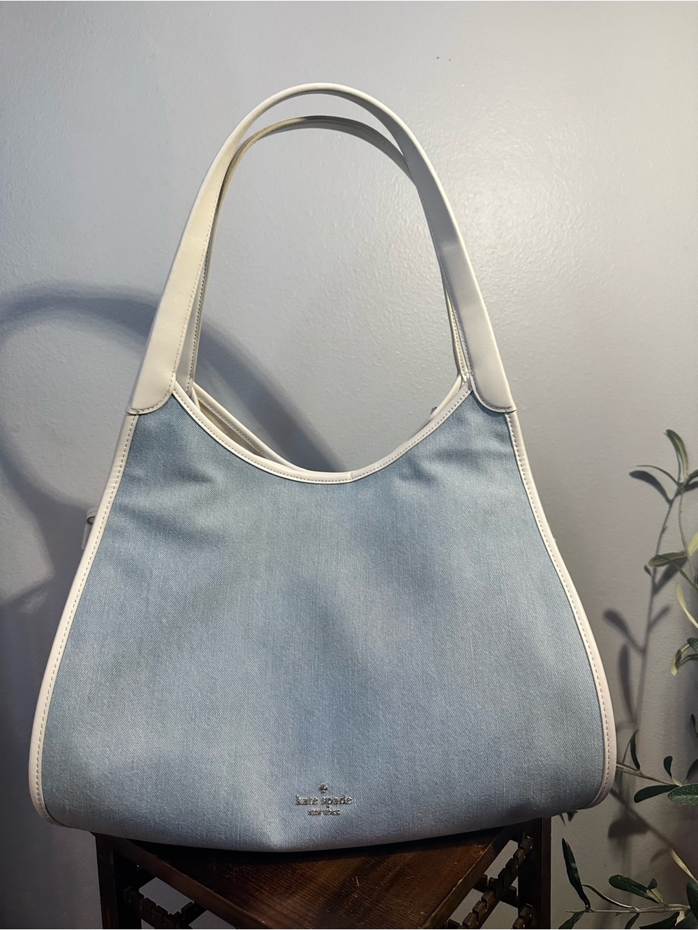 kate spade carryall Light Blue denim Shoulder Bag with White Trim